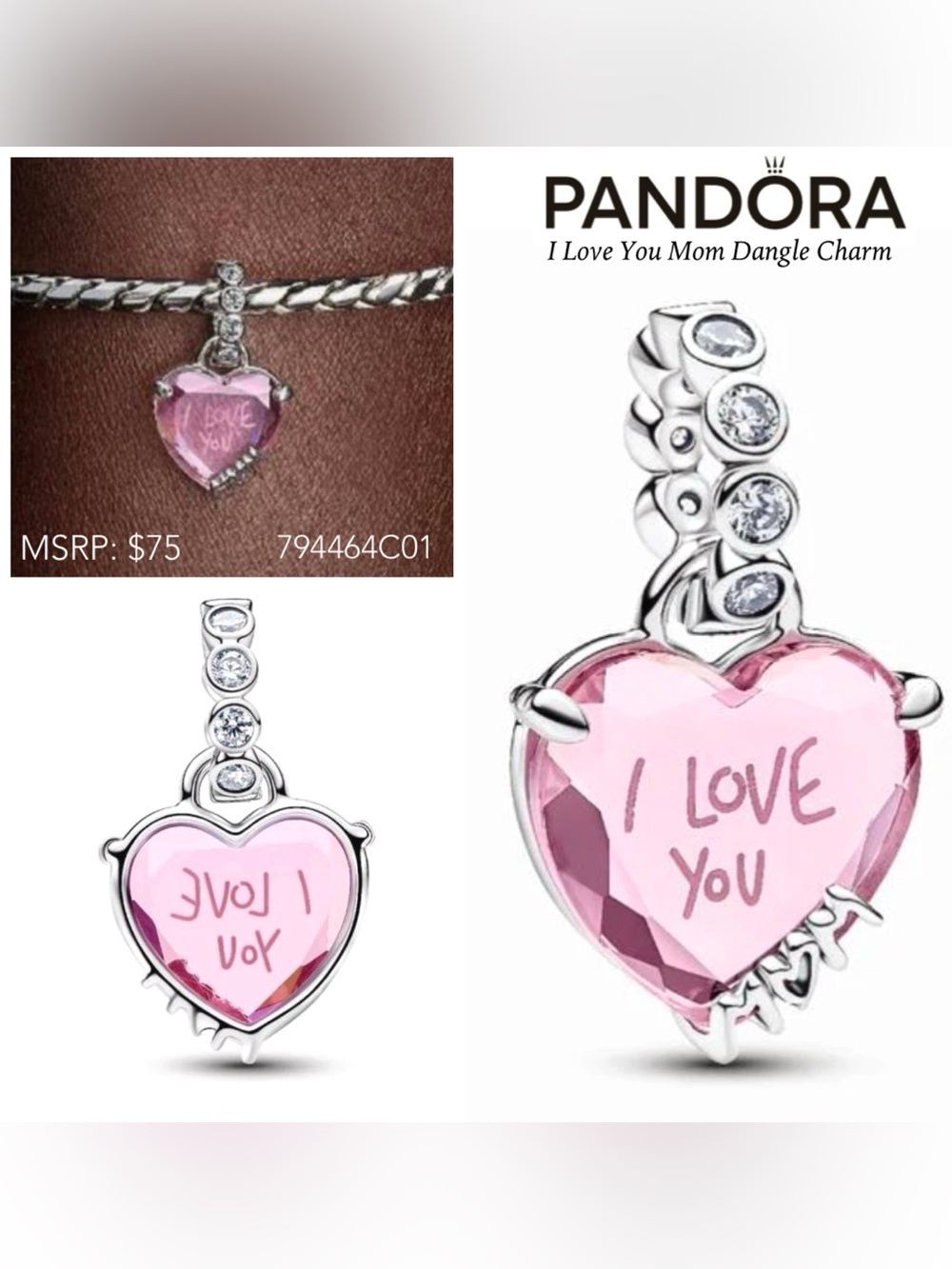 PANDORA I Love You Mom Dangle Charm w/box